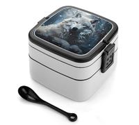 STVNKML Wolf Sitting in The Snow Bento Box with Spoon & Handle - 2 Compartment Leak-Proof Stackable Lunch Box for Adults, BPA-Free Reusable Food Containers for Work, Travel, Picnic