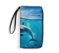 STVNKML Yoga Meditation Womens Wallet PU Leather Zip Around Wallet Clutch Wristlet Travel Long Purse for Women Card Organizer, Swimming Dolphin in Blue Sea, 19.7x10.5cm, Modern