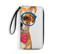 STVNKML Yoga Meditation Womens Wallet PU Leather Zip Around Wallet Clutch Wristlet Travel Long Purse for Women Card Organizer, Pet dog soft bow tie, oversized glasses, 19.7x10.5cm, Modern