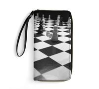 STVNKML Yoga Meditation Womens Wallet PU Leather Zip Around Wallet Clutch Wristlet Travel Long Purse for Women Card Organizer, Black White Chess Checkerboard, 19.7x10.5cm