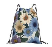 STVYUKL Bright Pastel Colors Drawstring Backpack Lightweight Sports Gym Sack Drawstring Bags Cinch Bag Sackpack For Work Gym Swim Travel, Blue and Light Beige Flowers, One Size