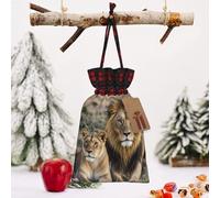 STVYUKL Christmas Drawstring Bags Cotton Buffalo Plaid Bags Sacks African Lion And Lioness Xmas Wrapping Storage Bags With Kraft Tags For Christmas Candy Goodie Holiday Party Favors，8.3x11.8 Inch