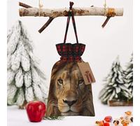 STVYUKL Christmas Drawstring Bags Cotton Buffalo Plaid Bags Sacks African Lion Head Xmas Wrapping Storage Bags With Kraft Tags For Christmas Candy Goodie Holiday Party Favors，4.7x6.9 Inch