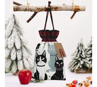STVYUKL Christmas Drawstring Bags Cotton Buffalo Plaid Bags Sacks Black And White Cats Xmas Wrapping Storage Bags With Kraft Tags For Christmas Candy Goodie Holiday Party Favors，4.7x6.9 Inch