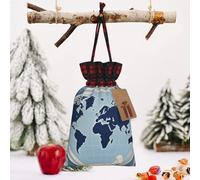 STVYUKL Christmas Drawstring Bags Cotton Buffalo Plaid Bags Sacks Blue Map Of The World Xmas Wrapping Storage Bags With Kraft Tags For Christmas Candy Goodie Holiday Party Favors，8.3x11.8 Inch