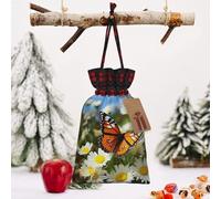 STVYUKL Christmas Drawstring Bags Cotton Buffalo Plaid Bags Sacks Butterfly On Daisy Flower Xmas Wrapping Storage Bags With Kraft Tags For Christmas Candy Goodie Holiday Party Favors，4.7x6.9 Inch