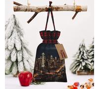 STVYUKL Christmas Drawstring Bags Cotton Buffalo Plaid Bags Sacks City Seattle Xmas Wrapping Storage Bags With Kraft Tags For Christmas Candy Goodie Holiday Party Favors，8.3x11.8 Inch