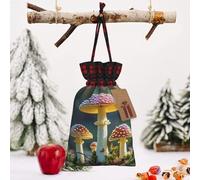 STVYUKL Christmas Drawstring Bags Cotton Buffalo Plaid Bags Sacks Colorful Mushroom Image Xmas Wrapping Storage Bags With Kraft Tags For Christmas Candy Goodie Holiday Party Favors，8.3x11.8 Inch