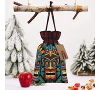 STVYUKL Christmas Drawstring Bags Cotton Buffalo Plaid Bags Sacks Colorful Tiki Mask Pattern Xmas Wrapping Storage Bags With Kraft Tags For Christmas Candy Goodie Holiday Party Favors，8.3x11.8 Inch