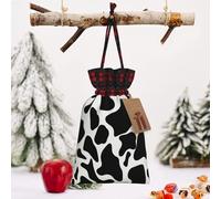 STVYUKL Christmas Drawstring Bags Cotton Buffalo Plaid Bags Sacks Cow Spot Xmas Wrapping Storage Bags With Kraft Tags For Christmas Candy Goodie Holiday Party Favors，4.7x6.9 Inch