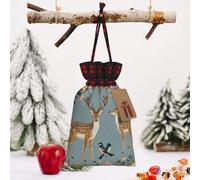 STVYUKL Christmas Drawstring Bags Cotton Buffalo Plaid Bags Sacks Deer Birds With Flowers Xmas Wrapping Storage Bags With Kraft Tags For Christmas Candy Goodie Holiday Party Favors，4.7x6.9 Inch
