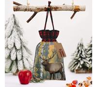 STVYUKL Christmas Drawstring Bags Cotton Buffalo Plaid Bags Sacks Fall Birch Leaves Elk Xmas Wrapping Storage Bags With Kraft Tags For Christmas Candy Goodie Holiday Party Favors，4.7x6.9 Inch