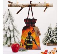STVYUKL Christmas Drawstring Bags Cotton Buffalo Plaid Bags Sacks Firefighter Fireman Flame Xmas Wrapping Storage Bags With Kraft Tags For Christmas Candy Goodie Holiday Party Favors，4.7x6.9 Inch