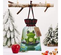 STVYUKL Christmas Drawstring Bags Cotton Buffalo Plaid Bags Sacks Frog On A Pond Xmas Wrapping Storage Bags With Kraft Tags For Christmas Candy Goodie Holiday Party Favors，4.7x6.9 Inch