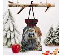 STVYUKL Christmas Drawstring Bags Cotton Buffalo Plaid Bags Sacks Hedgehog Sitting On Top Xmas Wrapping Storage Bags With Kraft Tags For Christmas Candy Goodie Holiday Party Favors，4.7x6.9 Inch