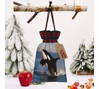 STVYUKL Christmas Drawstring Bags Cotton Buffalo Plaid Bags Sacks Killer Whale Xmas Wrapping Storage Bags With Kraft Tags For Christmas Candy Goodie Holiday Party Favors，4.7x6.9 Inch