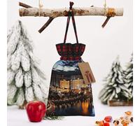 STVYUKL Christmas Drawstring Bags Cotton Buffalo Plaid Bags Sacks Las Vegas Night View Xmas Wrapping Storage Bags With Kraft Tags For Christmas Candy Goodie Holiday Party Favors，4.7x6.9 Inch