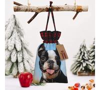 STVYUKL Christmas Drawstring Bags Cotton Buffalo Plaid Bags Sacks Lovely Boston Terrier Xmas Wrapping Storage Bags With Kraft Tags For Christmas Candy Goodie Holiday Party Favors，4.7x6.9 Inch