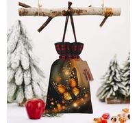 STVYUKL Christmas Drawstring Bags Cotton Buffalo Plaid Bags Sacks Orange Butterfly Xmas Wrapping Storage Bags With Kraft Tags For Christmas Candy Goodie Holiday Party Favors，4.7x6.9 Inch