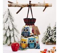 STVYUKL Christmas Drawstring Bags Cotton Buffalo Plaid Bags Sacks Owls On Tree Branches Xmas Wrapping Storage Bags With Kraft Tags For Christmas Candy Goodie Holiday Party Favors，8.3x11.8 Inch