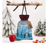 STVYUKL Christmas Drawstring Bags Cotton Buffalo Plaid Bags Sacks Penguins On The Iceberg Xmas Wrapping Storage Bags With Kraft Tags For Christmas Candy Goodie Holiday Party Favors，8.3x11.8 Inch