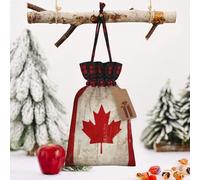 STVYUKL Christmas Drawstring Bags Cotton Buffalo Plaid Bags Sacks Retro Canada Flag Xmas Wrapping Storage Bags With Kraft Tags For Christmas Candy Goodie Holiday Party Favors，4.7x6.9 Inch