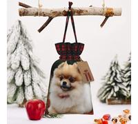 STVYUKL Christmas Drawstring Bags Cotton Buffalo Plaid Bags Sacks Short-Haired Pomeranian Dog Xmas Wrapping Storage Bags With Kraft Tags For Christmas Candy Goodie Holiday Party Favors，8.3x11.8 Inch