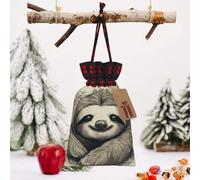 STVYUKL Christmas Drawstring Bags Cotton Buffalo Plaid Bags Sacks Sloth My Spirit Animal Xmas Wrapping Storage Bags With Kraft Tags For Christmas Candy Goodie Holiday Party Favors，4.7x6.9 Inch