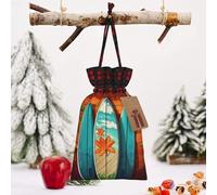 STVYUKL Christmas Drawstring Bags Cotton Buffalo Plaid Bags Sacks Surfboard On Wooden Xmas Wrapping Storage Bags With Kraft Tags For Christmas Candy Goodie Holiday Party Favors，4.7x6.9 Inch