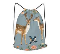 STVYUKL Deer Birds With Flowers Drawstring Backpack Lightweight Sports Gym Sack Cinch Bag Sackpack For Work Gym Travel, Black, M