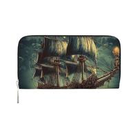 STVYUKL Womens Wallet Zip Around Wallet Pu Leather Phone Clutch Purse Nautical Vintage Sailing Pirate Ship Card Holder Organizer, Black, One Size