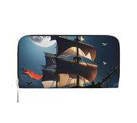 STVYUKL Womens Wallet Zip Around Wallet Pu Leather Phone Clutch Purse Pirate Sailboat Full Moon Card Holder Organizer, Black, One Size