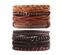 STWTR Mix 8 Wrap Bracelets Men Women, Hemp Cords Wood Beads Ethnic Tribal Bracelets, Leather Wristbands, L, Leather, no gemstone
