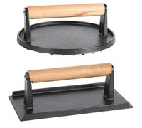STYDDI 2-Pieces Heavy-Duty Cast Iron Burger Press with Wooden Handle, Gill Press for Smash Steaks, Bacons and Paninis, Ideal for BBQ, Pan and Flat-top Griddle, 7" Round & 8.27"x4.21" Rectangle