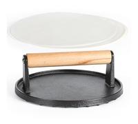 STYDDI 7" Round Heavy-Duty Cast Iron Burger Press with Wooden Handle, Gill Press for Smash Steaks, Bacons and Paninis, Ideal for BBQ, Pan and Flat-top Griddle, incl. 50pcs Patty Papers