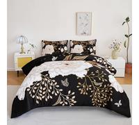 STYHO 3Pcs Black Floral Duvet Cover Set Double Luxury White and Gold Large Flowers Bed Cover Soft Reversible Butterfly Leaves Printed Duvet Sets with Zipper Closure(Black, Double)