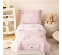 STYHO Space Toddler Duvet Cover 2 Pieces Cartoon Reversible Pink Planet Rocket Bedding Sets for Cot Bed Soft Breathable Girls Duvet Set with Zipper Closure(Space, Cot Bed)