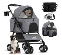 Style Ambitious 3 in 1 Pet Stroller - Foldable Dog Stroller & Pet Carrier - Included with Storage Bag, Cup Holder & Pet Leach - Cat Carrier with Detachable Basket & Breathable Canopy (Grey)