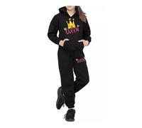 Style First Girls Tracksuit Set Queen Print Pullover Top Full Suit Hooded Sweatshirt Pant Long Sleeves 2PC Hoody Activewear Jumper With Pocket Trouser And Bottoms For Winters Black -M