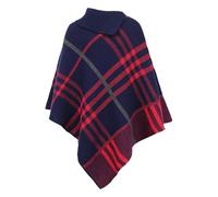 Style First Women Ladies Tartan Poncho 3 Buttons Jumper Checked Knitted Cardigan Womens Roll Neck CapeShawl Winter Sweater Wrap Cape Navy-One Size