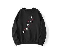 Style First Women Sweatshirt Crew Neck Cat Paw Print Pullover Top Ladies Casual Wear Long Sleeves Jumper For Female -Black Hrt -M