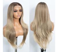 Style Icon 13x4 Long Blonde Straight Wig with Curtain Bangs Synthetic Lace Front Wig 26 inch Layered Wave Wig for Women Free Part HD Lace Heat Resistant Fiber (TATHL 10A/6C/24J)