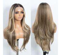 Style Icon 13x4 Long Straight Wig with Curtain Bangs Brown Blonde Synthetic Lace Front Wig 26 inch Layered Wave Wig for Women Free Part HD Lace Heat Resistant Fiber (NTSA4/10/23B/613C)