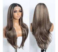 Style Icon 13x4 Long Straight Wig with Curtain Bangs Brown Highlight Synthetic Lace Front Wig 26 inch Layered Wave Wig for Women Free Part HD Lace Heat Resistant Fiber (NTPDHL1B/8/26R)