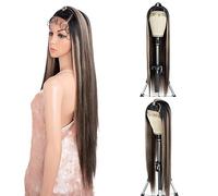 Style Icon 13x4 Super Long Straight Lace Front Wig 38 inch Brown Highlight Updo Style Free Part Wig for Women Synthetic Heat Resistant Fiber