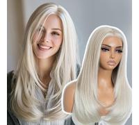 Style Icon 24 inch Multi-Layer Long White Blonde Straight Hair Wig 6x4 Pre-Cut Lace Long Layered Hair Synthetic Free Part Wig (TAHL14F/56E/56E)