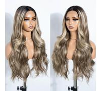 Style Icon 28 inch Brown Highlight Synthetic Lace Front Wig Long Body Wavy Wigs T Part Lace Wig Synthetic Heat Resistant Fiber for Women (NTSN 4/UN9/12R)