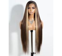 Style Icon 38 inch Super Long Straight Hair Wig 13x4 Lace Frontal Wig for Women Brown Hair with Blonde Synthetic Lace Front Wig Pre Plucked Synthetic Fiber (TTOL4/30S/26J)