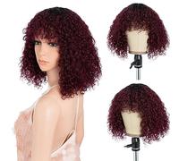 Style Icon 99J Red Short Curly Wigs With Bangs Human Hair for Black Women 12 inches Afro Curly Bob Wig Short Water Wave Glueless Wear to Go Wigs