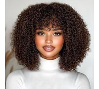 STYLE ICON Afro Kinky Curly Wig With Bangs Full Machine Made Wig for Black Women 200 Density Virgin Brazilian Short Curly Human Hair Wigs 14 inch (Dark Brown)